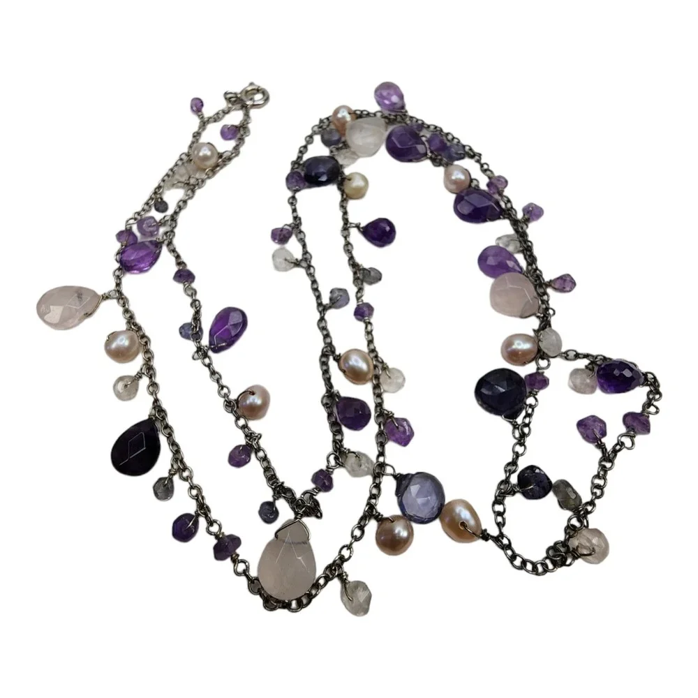 Sterling Silver‎ 925 Necklace Faceted Amethyst Clear Quartz Pearl Beaded Dangle